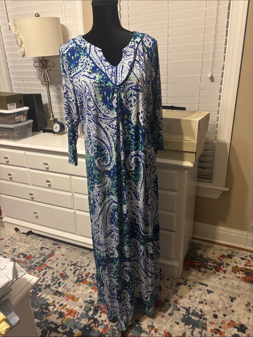 Chico's Blue, Green & White Paisley V-Neck Maxi Dress